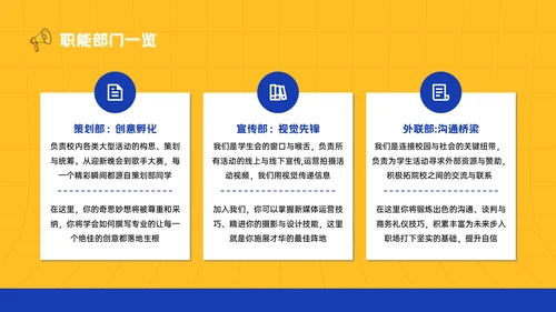 黄蓝色插画风大学生学生会招新宣讲PPT模板