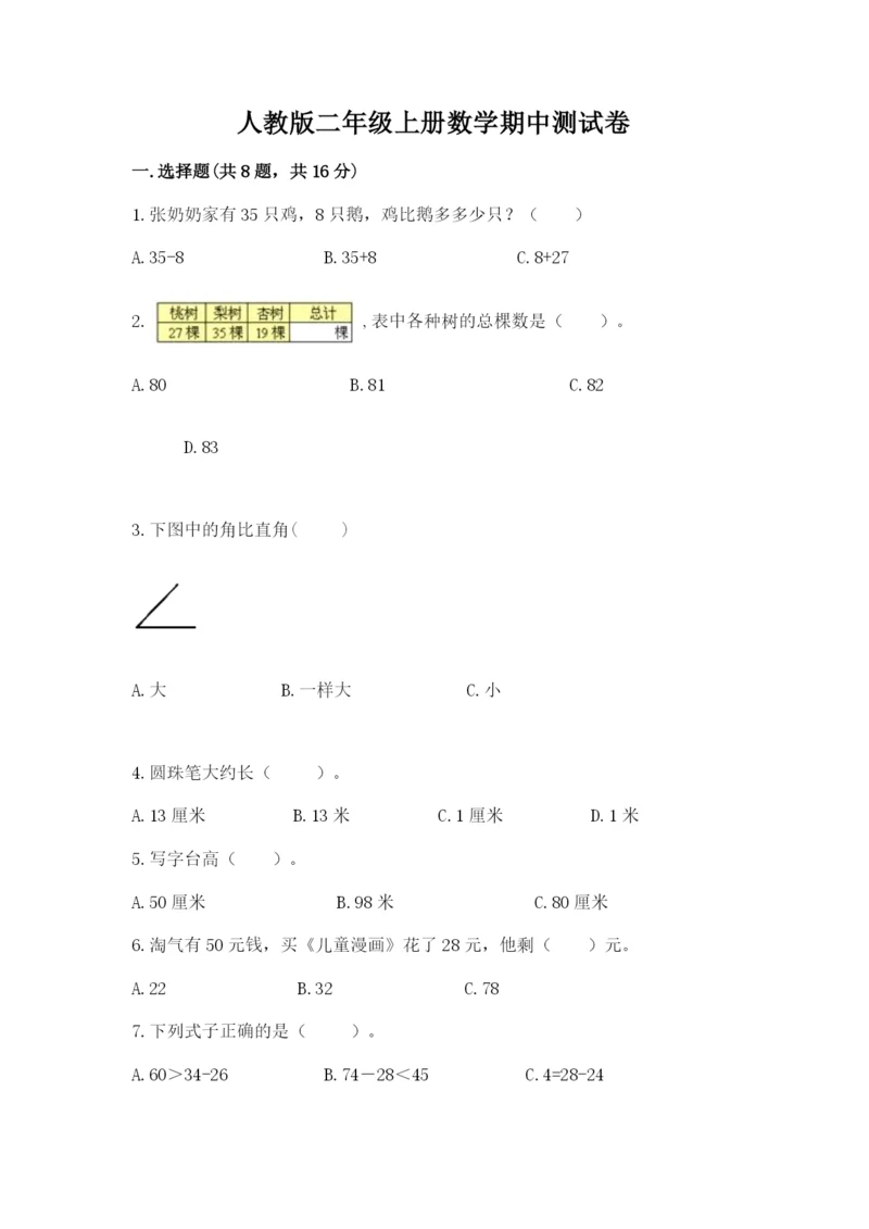 人教版二年级上册数学期中测试卷可打印.docx