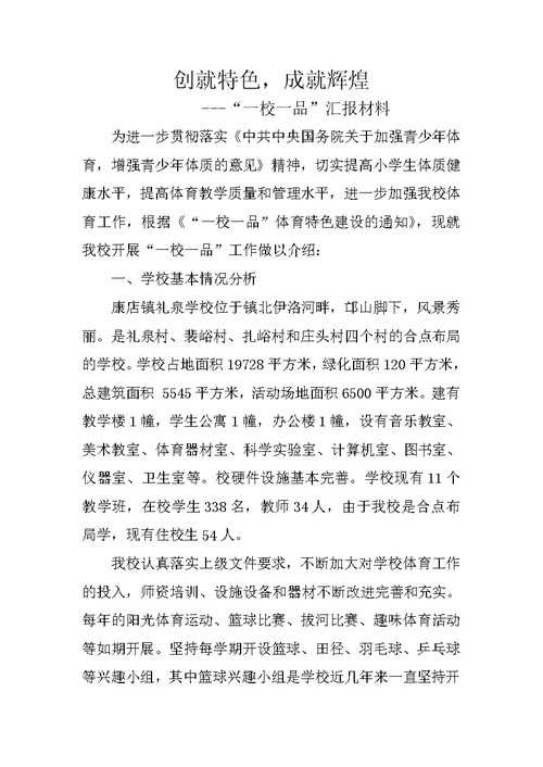 “一校一品”提高小学生健康体质水平工作总结