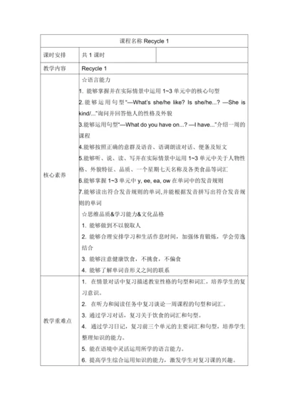 人教PEP版英语五年级上册Recycle1表格式教案（含反思）