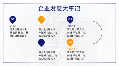 蓝色城市实景时间轴企业发展大事件PPT模板