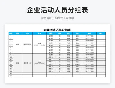 企业活动人员分组表