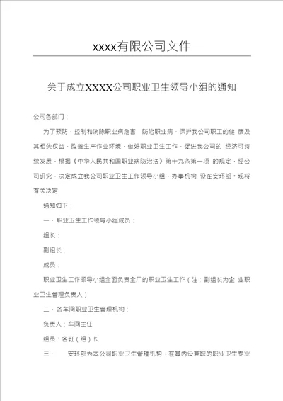 公司成立职业卫生领导小组及各岗位职责