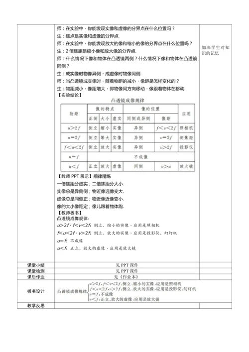 5.3　凸透镜成像的规律（教学设计）（表格式）【2024人教新版八上物理高效完全备课】