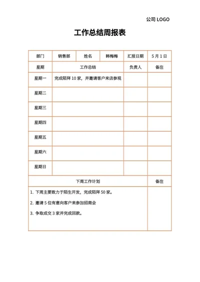 销售工作总结周报表word模板