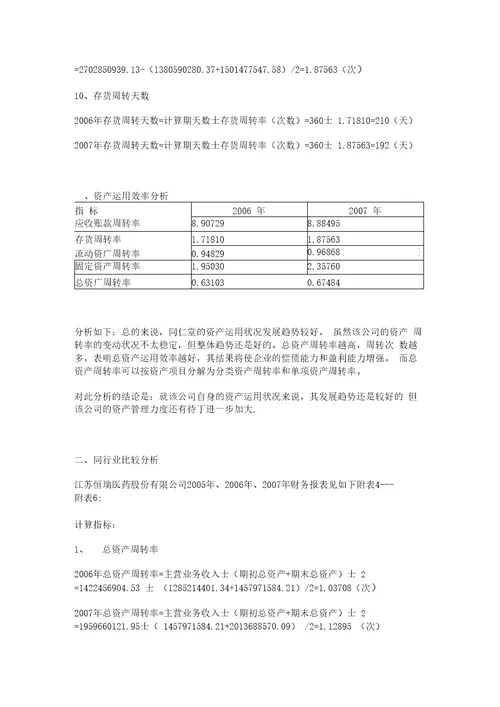 北京同仁堂股份有限公司财务报表资产运用效率分析