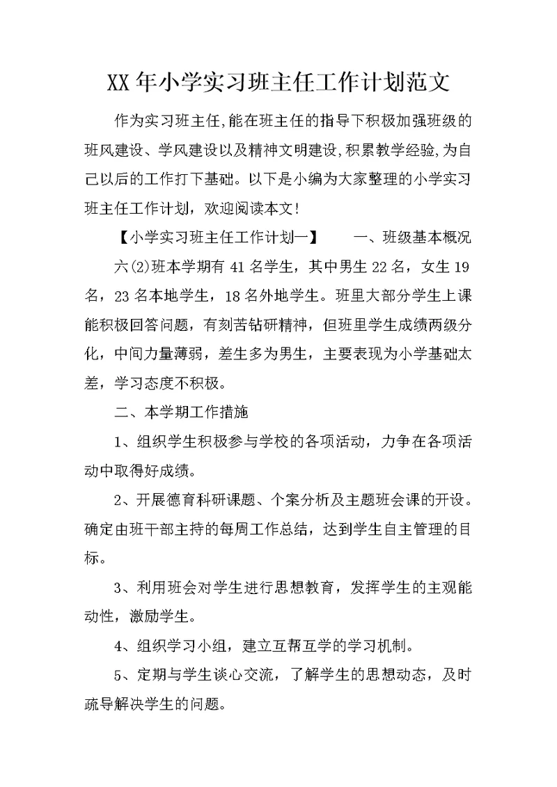 XX年小学实习班主任工作计划范文