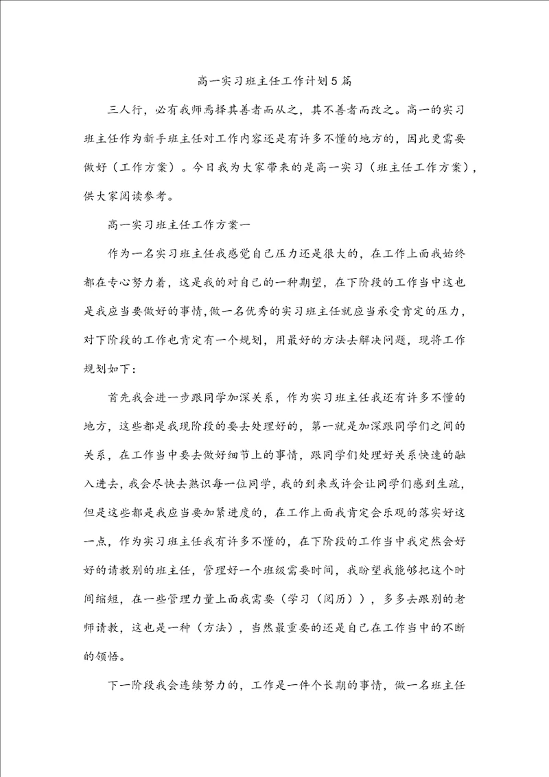 高一实习班主任工作计划5篇