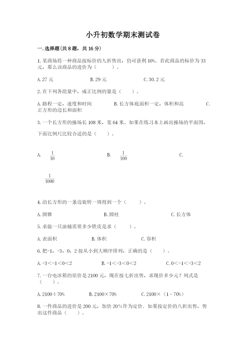 小升初数学期末测试卷及完整答案（名师系列）.docx