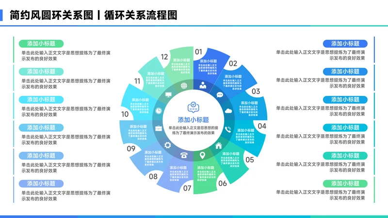 蓝色简约风12项圆环关系图PPT