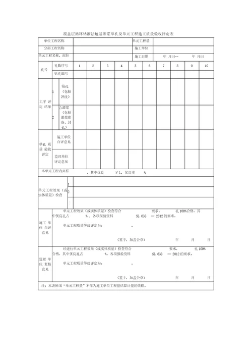 覆盖层循环钻灌法地基灌浆单孔及单元工程施工质量验收评定表