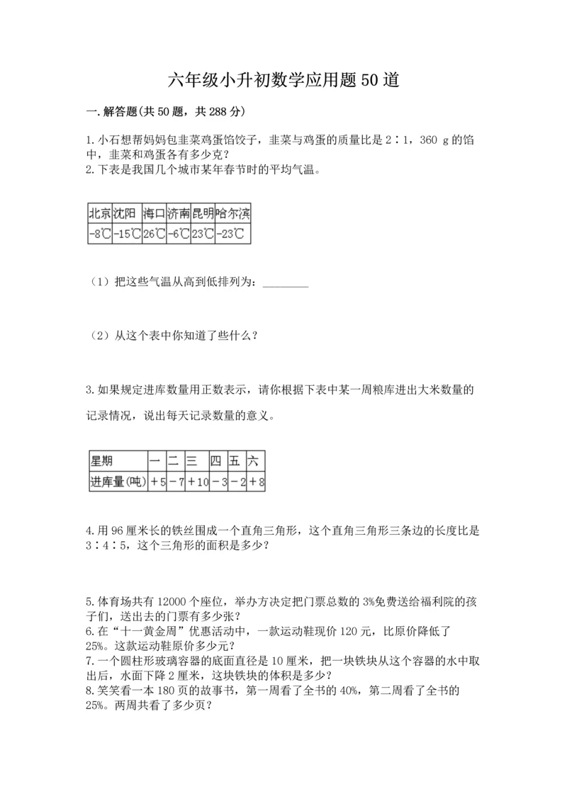 六年级小升初数学应用题50道（考试直接用）.docx