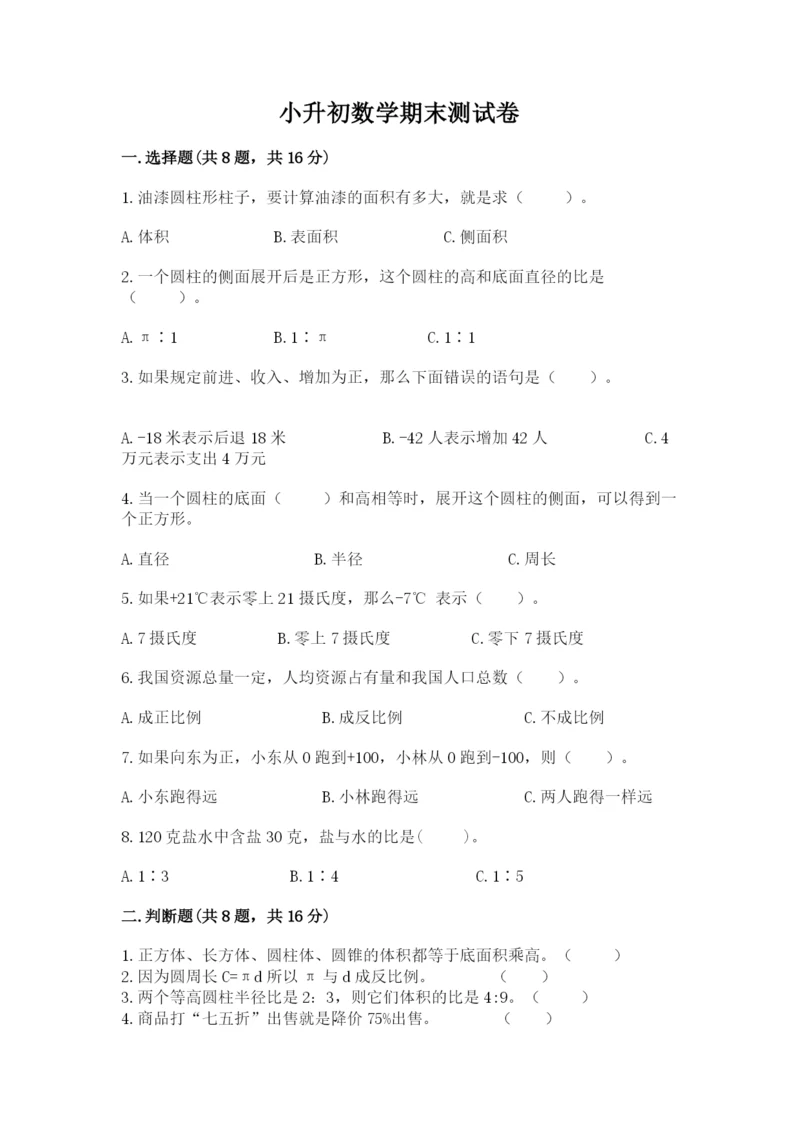 小升初数学期末测试卷【考点精练】.docx