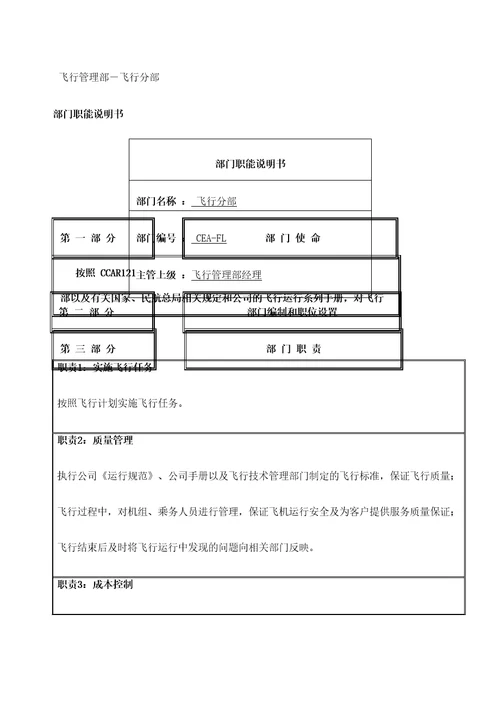 航空物流公司飞行管理部部门职位说明书及关键绩效标准