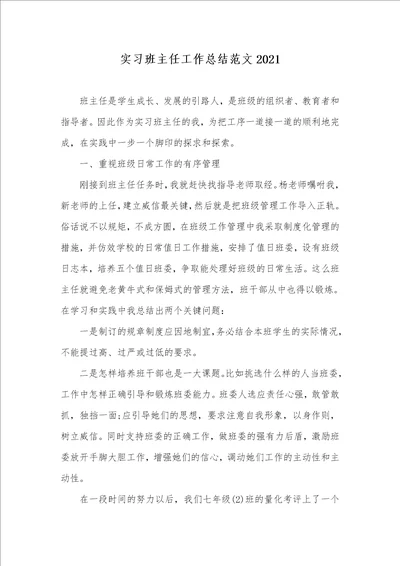 实习班主任工作总结范文2021