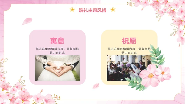 清新梦幻粉色花卉浪漫宴会西式婚礼策划PPT模板