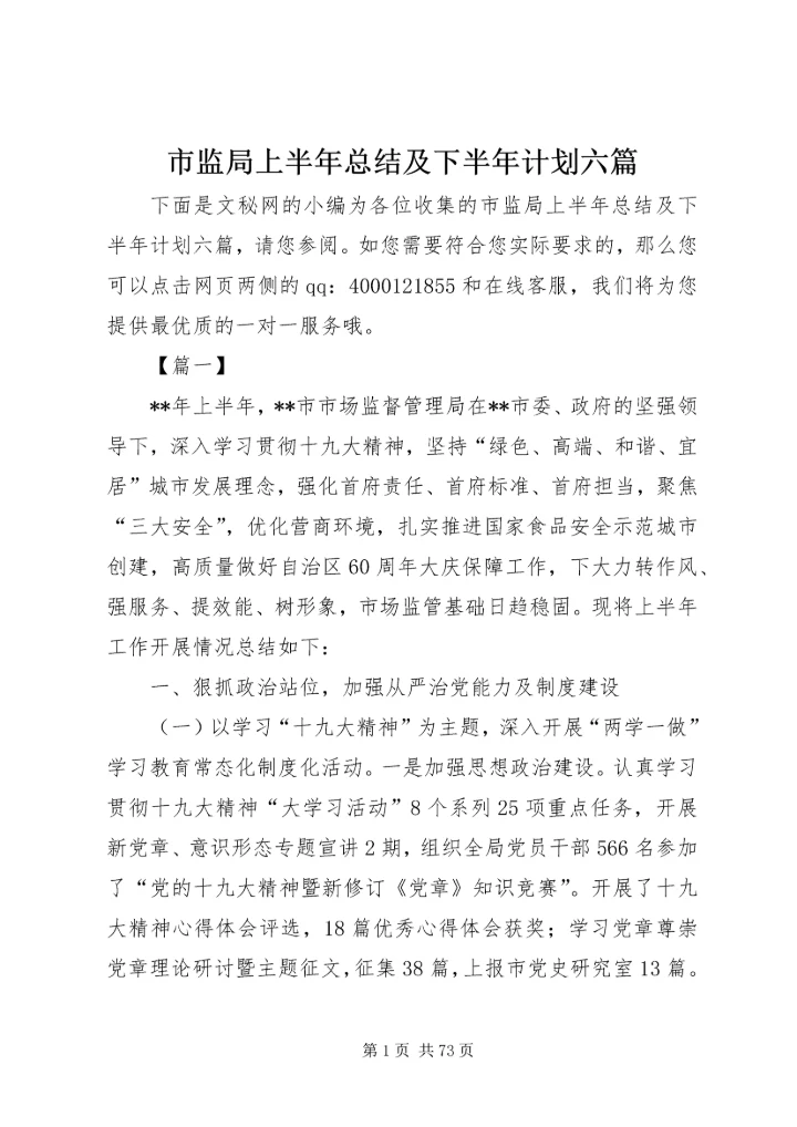 市监局上半年总结及下半年计划六篇.docx