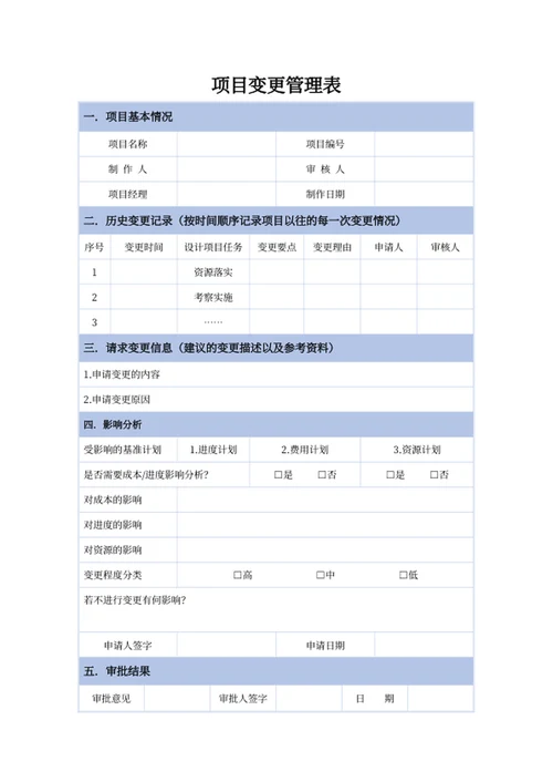 项目变更管理表
