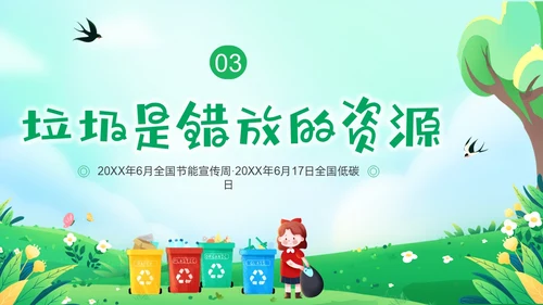 绿色清新插画垃圾分类你我同行PPT课件