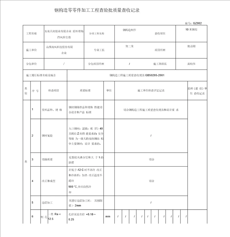 钢结构零部件加工工程检验批质量验收记录