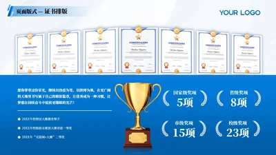 蓝色商务风4项荣誉证书排版PPT单页