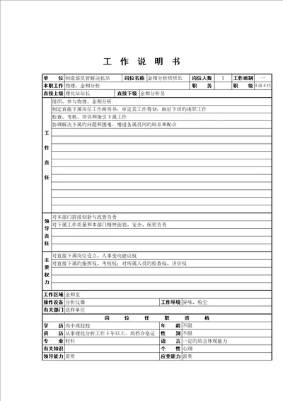 金相分析班班长工作专项说明书