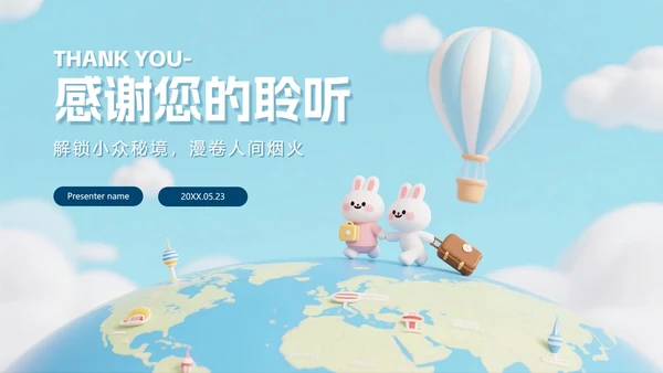 简约蓝色可爱拟态风旅行攻略PPT模板