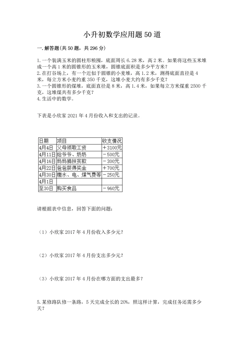 小升初数学应用题50道及参考答案（培优a卷）.docx