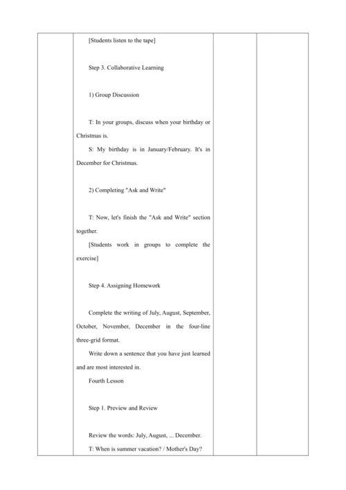 Unit 3 My school calendar part B Let's learn 全英文教案