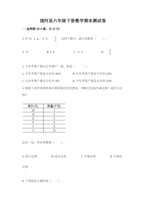 饶河县六年级下册数学期末测试卷及1套完整答案.docx