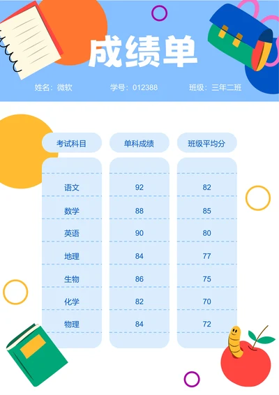 蓝色卡通插画成绩单