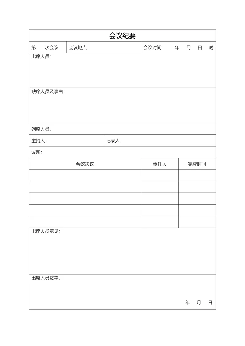 会议纪要表