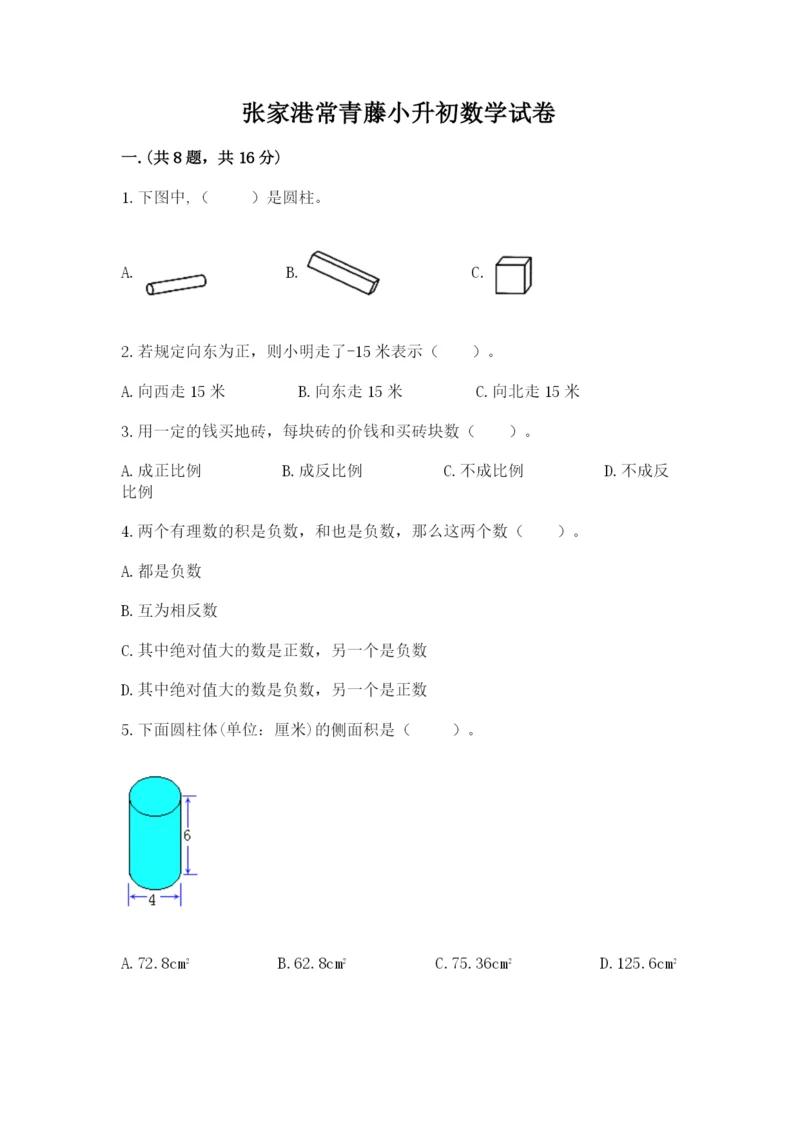 张家港常青藤小升初数学试卷有答案.docx