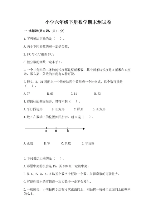 小学六年级下册数学期末测试卷（突破训练）wod版