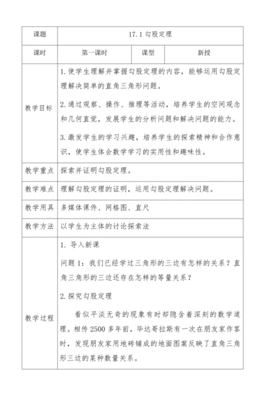【教学能手大赛】人教版数学八下 17.1《勾股定理》教学设计