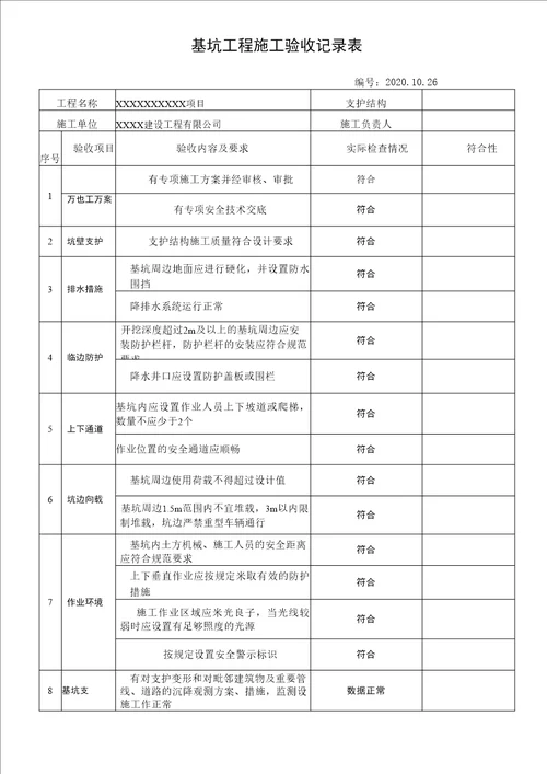 基坑工程施工验收记录表