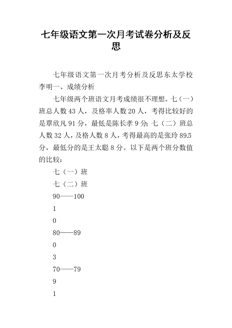 七年级语文第一次月考试卷分析及反思