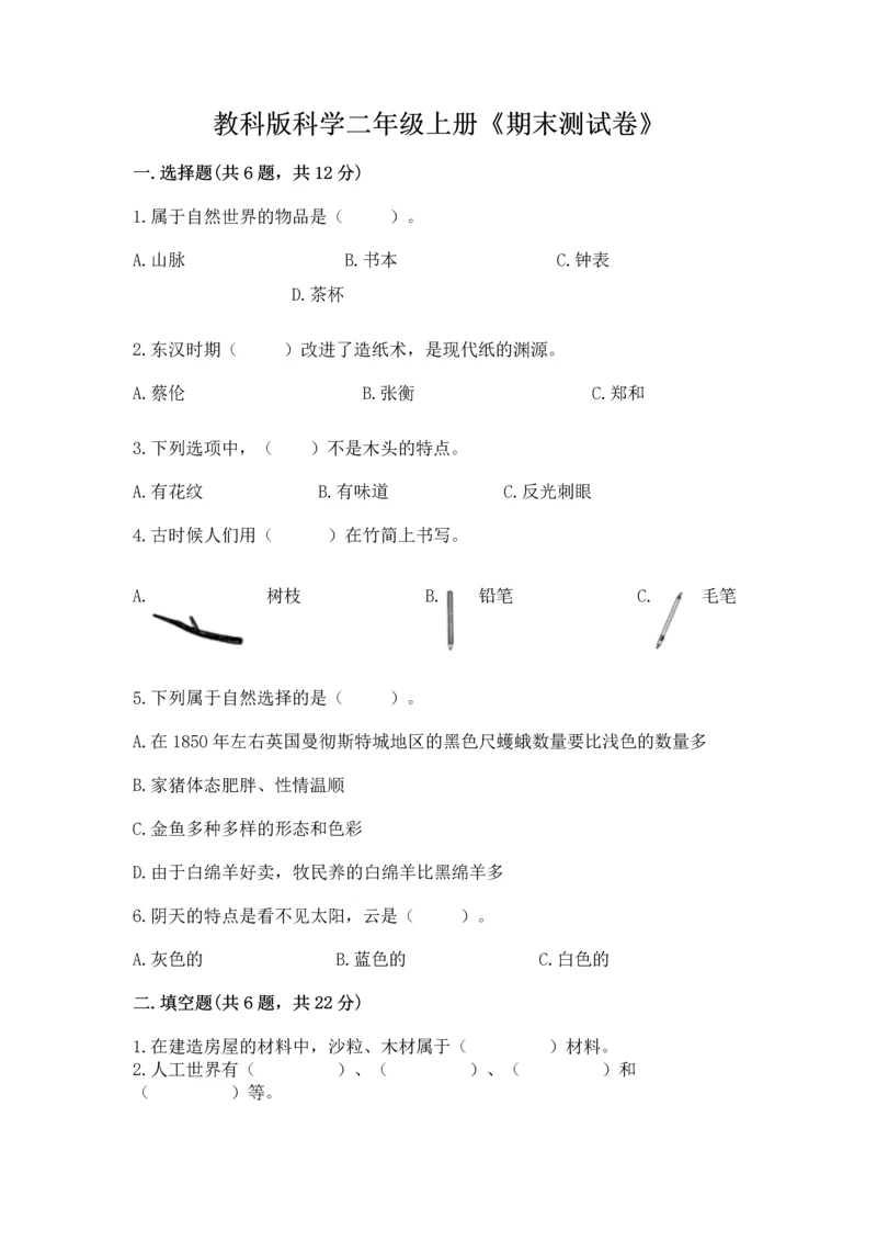 教科版科学二年级上册《期末测试卷》含答案（培优b卷）.docx