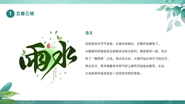 绿色春天中国二十四节气之雨水节气介绍PPT