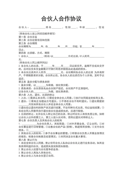 公司合伙人合作协议书范文word模板