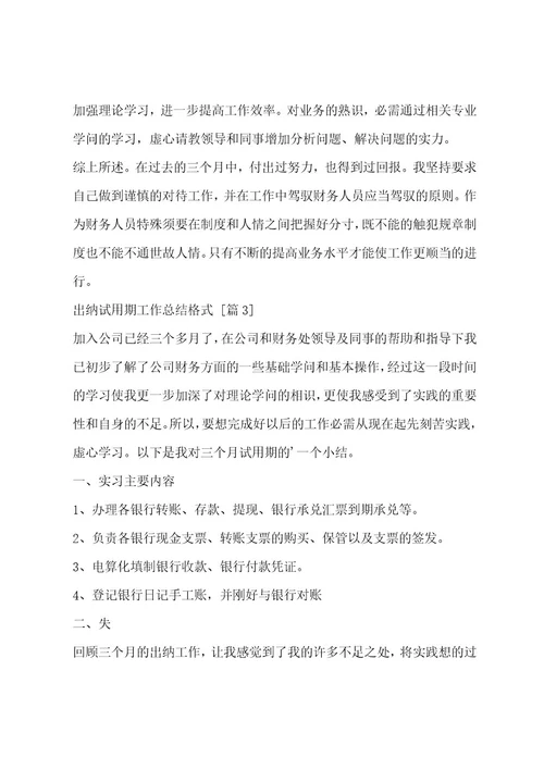 出纳试用期工作总结格式
