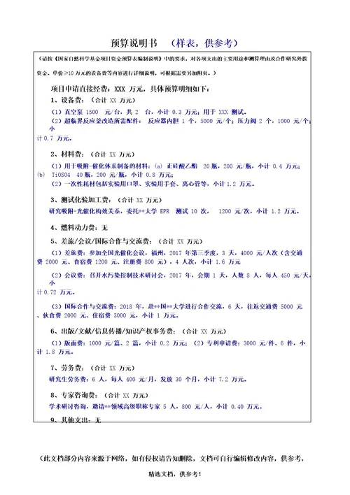 经费预算说明书(样表,供参考)