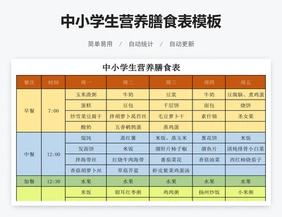 中小学生营养膳食表模板