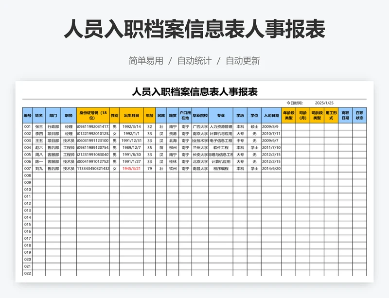 人员入职档案信息表人事报表