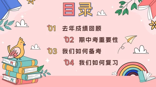 粉色可爱卡通小学生期中考前动员主题班会PPT模板