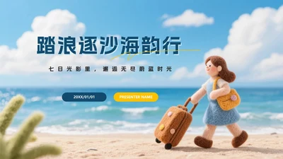 蓝色卡通毛毡风踏逐沙海韵行旅行计划PPT模板