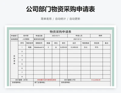 公司部门物资采购申请表