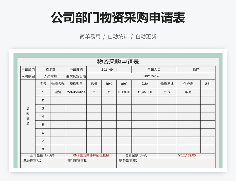 公司部门物资采购申请表