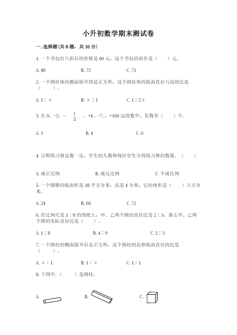 小升初数学期末测试卷含完整答案（必刷）.docx