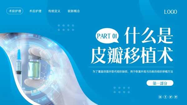 蓝色简约皮瓣移植术的护理PPT模板宣传PPT动态PPT护理查房